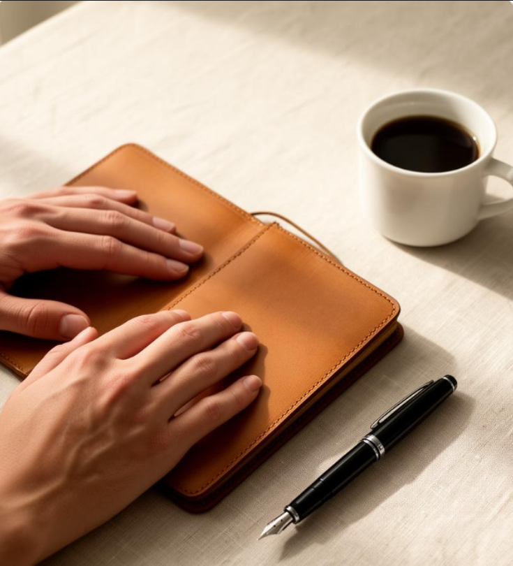 Manos reposadas sobre una libreta de cuero junto a una taza de café y una pluma, en una mesa serena con luz natural — un momento íntimo para detenerse, pensar y poner orden.