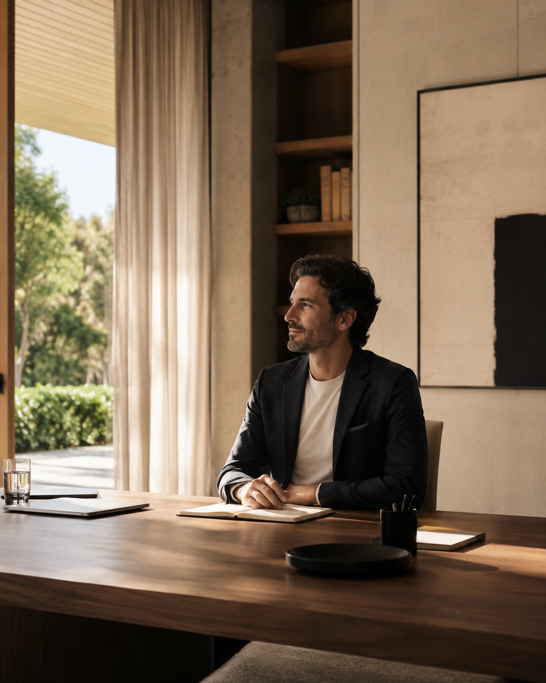 Empresario en una oficina serena, sentado ante su mesa.